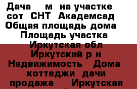 Дача 50 м² на участке 9.7 сот. СНТ “Академсад“ › Общая площадь дома ­ 50 › Площадь участка ­ 10 - Иркутская обл., Иркутский р-н Недвижимость » Дома, коттеджи, дачи продажа   . Иркутская обл.